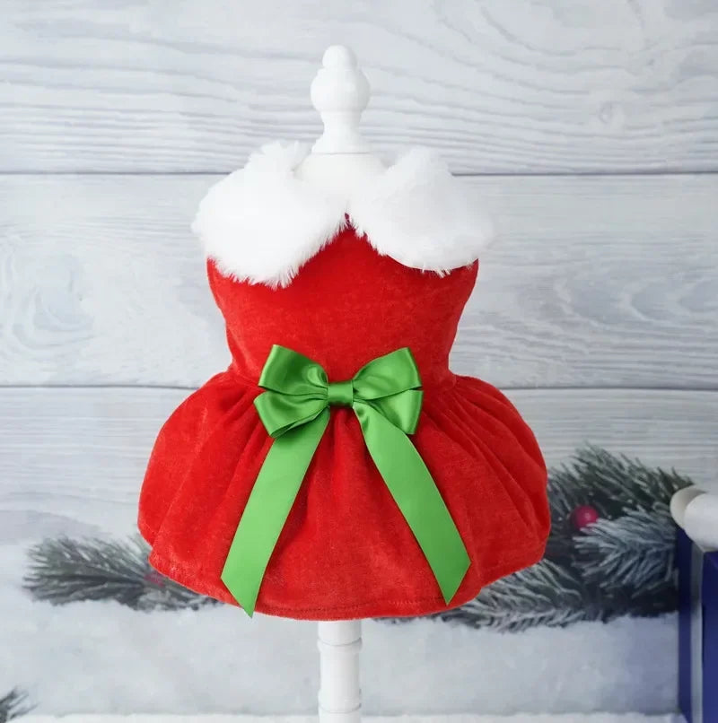 Red Christmas Pet Dress Skirt Warm Costume