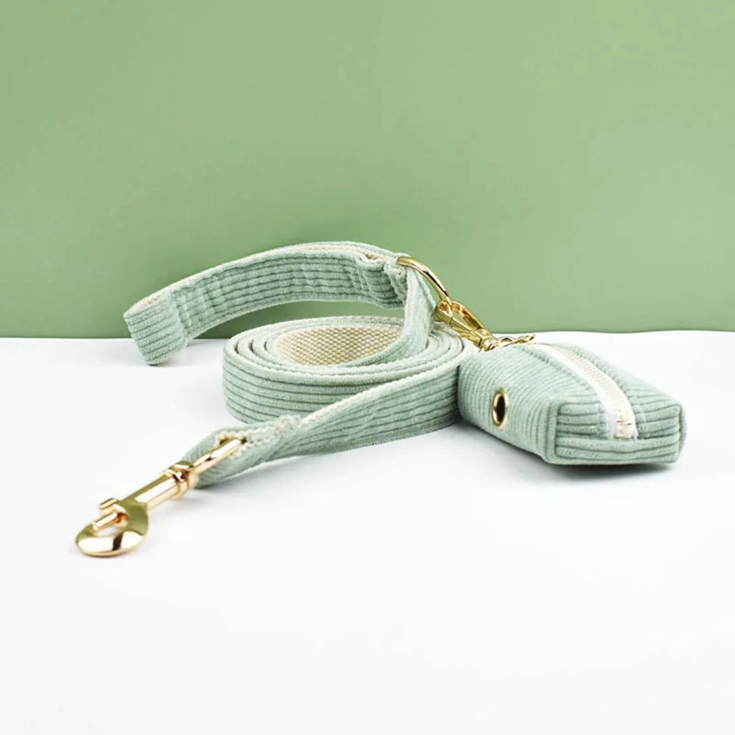 Light Green Corduroy Collar And Leash Set  Engraved Nameplate
