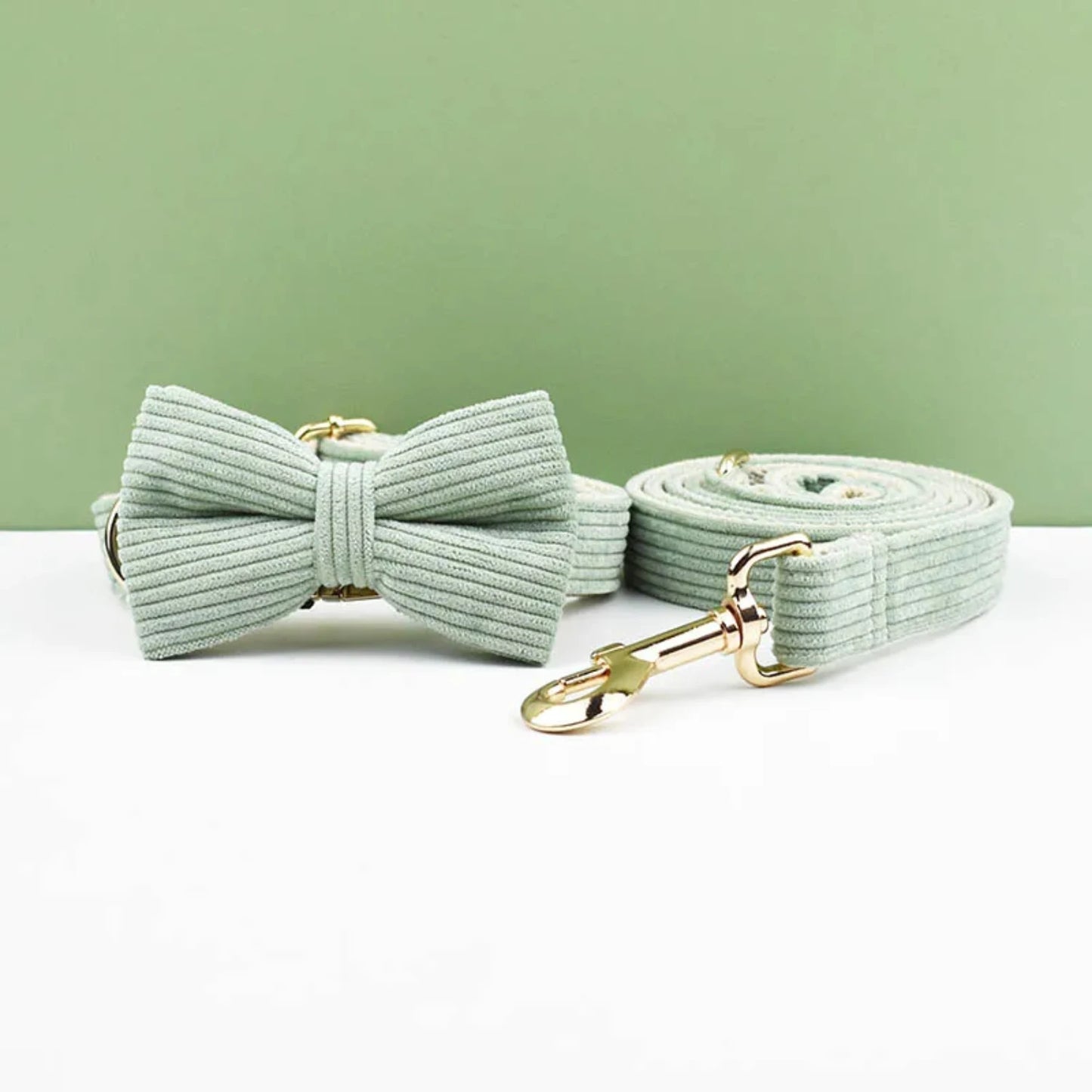 Light Green Corduroy Collar And Leash Set  Engraved Nameplate