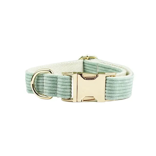 Light Green Corduroy Collar And Leash Set  Engraved Nameplate