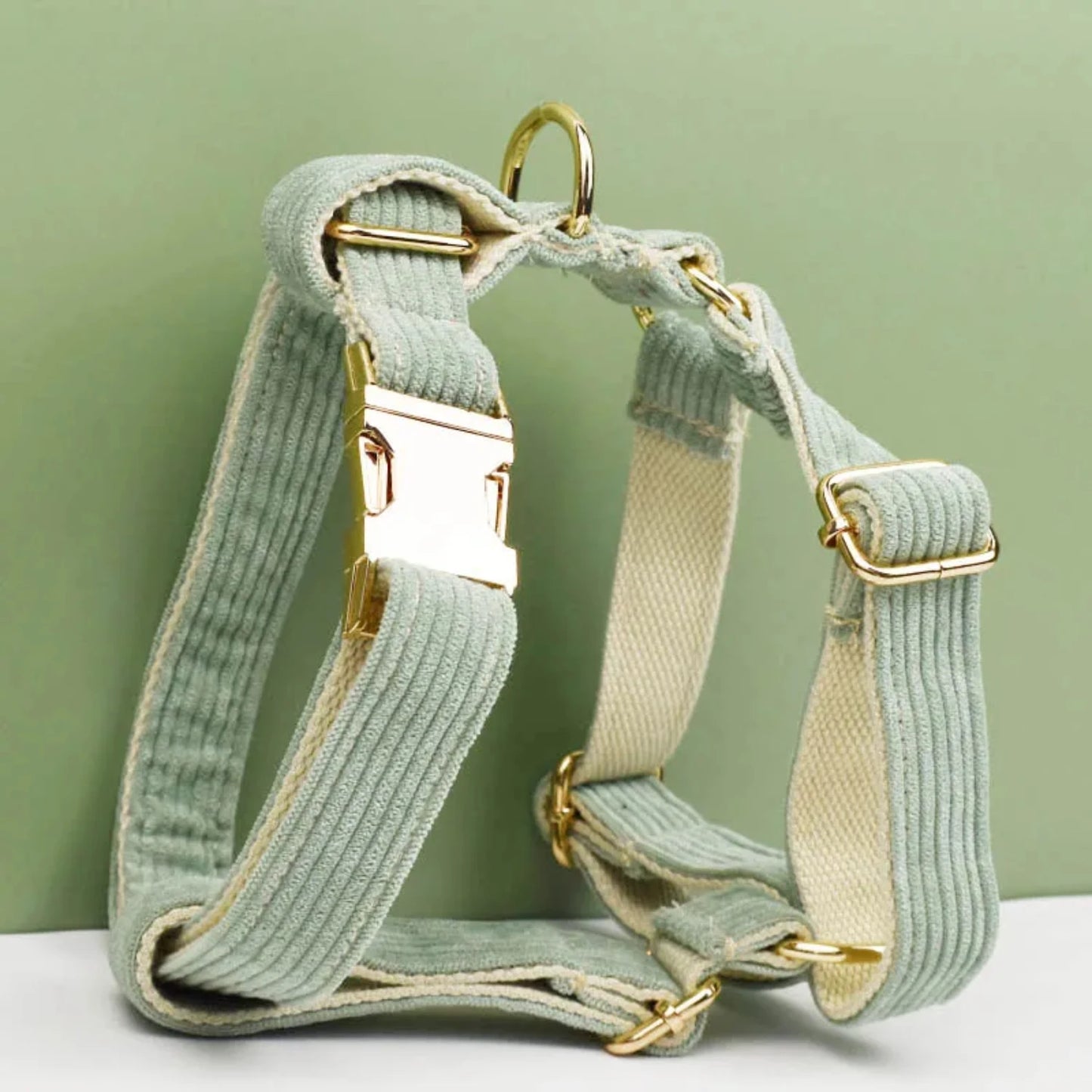 Light Green Corduroy Collar And Leash Set  Engraved Nameplate