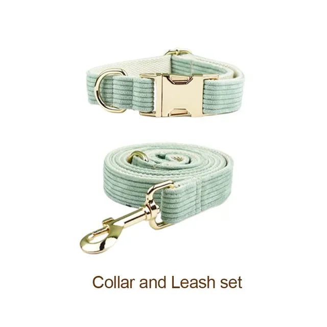 Light Green Corduroy Collar And Leash Set  Engraved Nameplate