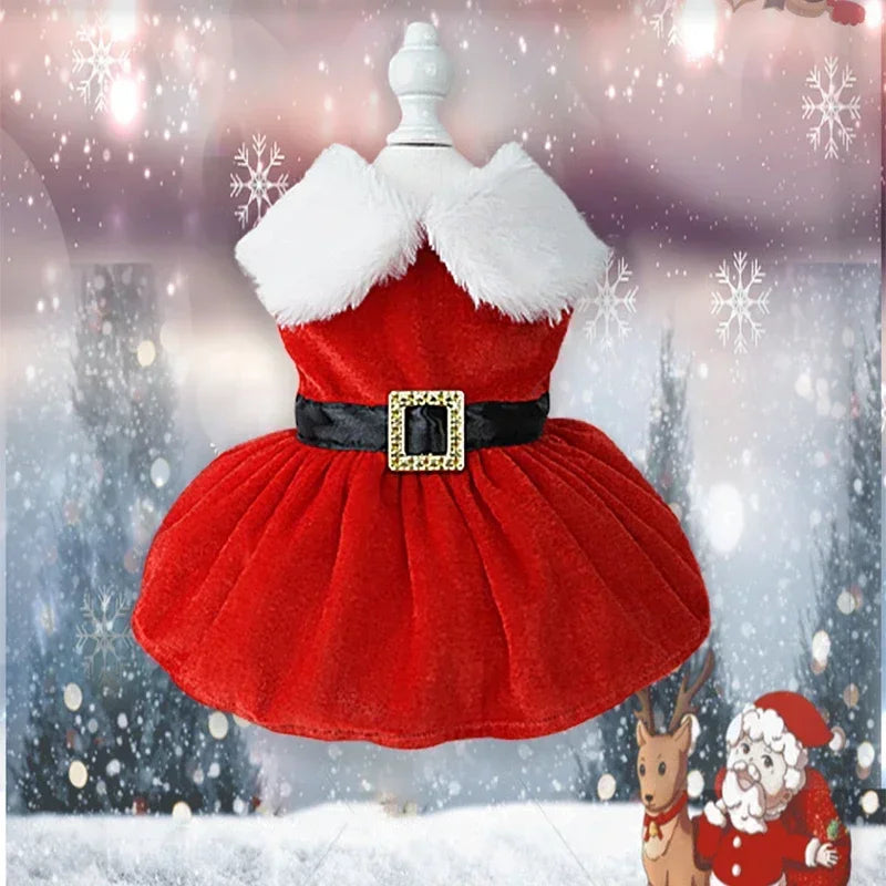 Red Christmas Pet Dress Skirt Warm Costume