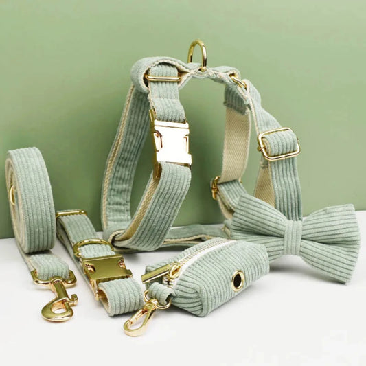 Light Green Corduroy Collar And Leash Set  Engraved Nameplate